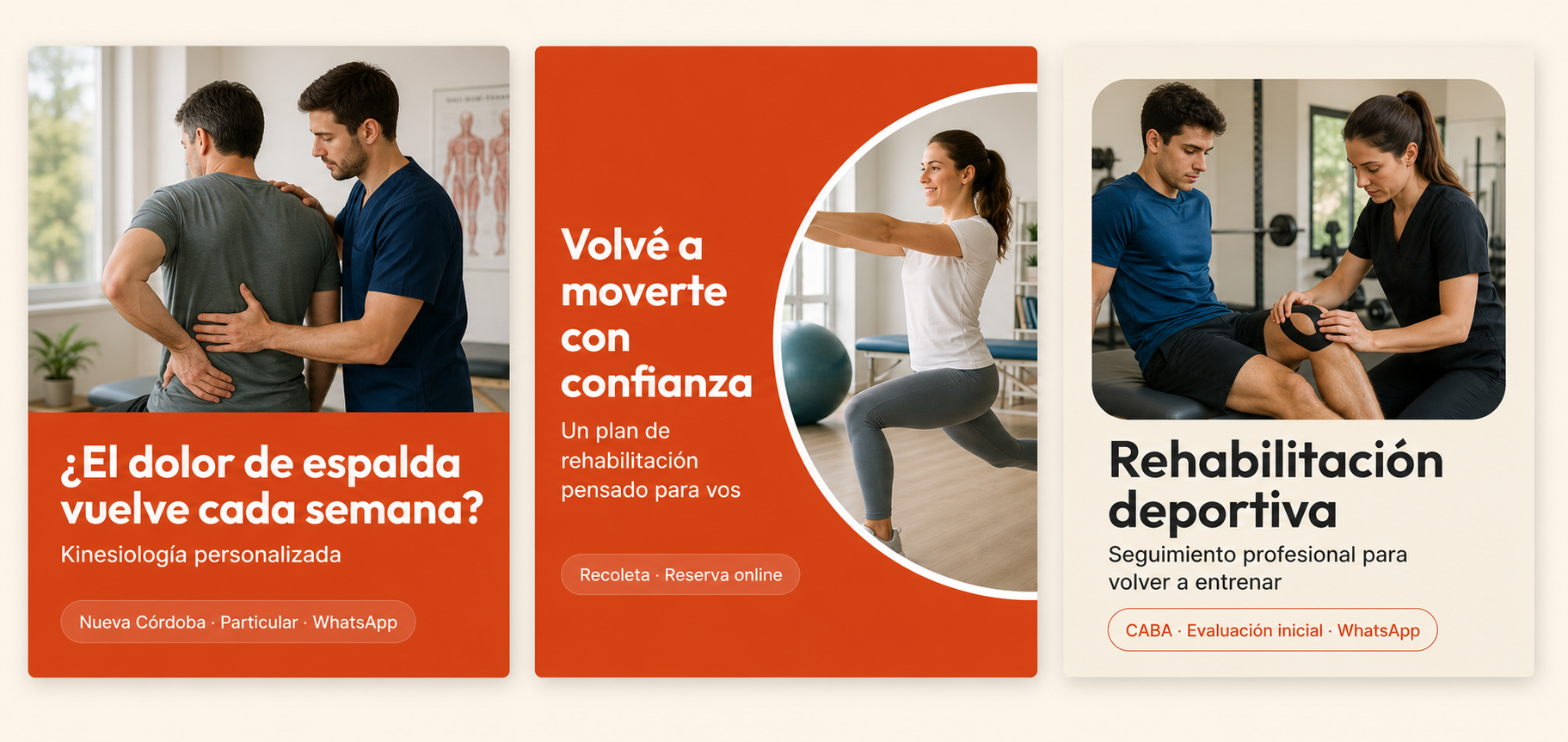 Tres ejemplos ficticios de anuncios estáticos para un consultorio de kinesiología